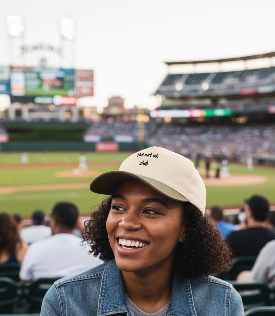 a person wearing the not ok club two-tone cap at a baseball game